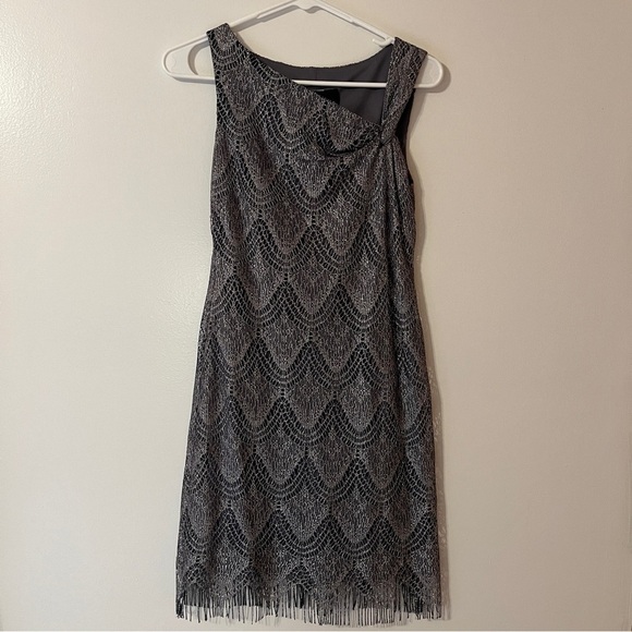 S.L Fashions Metallic Crochet Fringe Knot Shoulder Cocktail Dress Size 4P - Picture 1 of 6